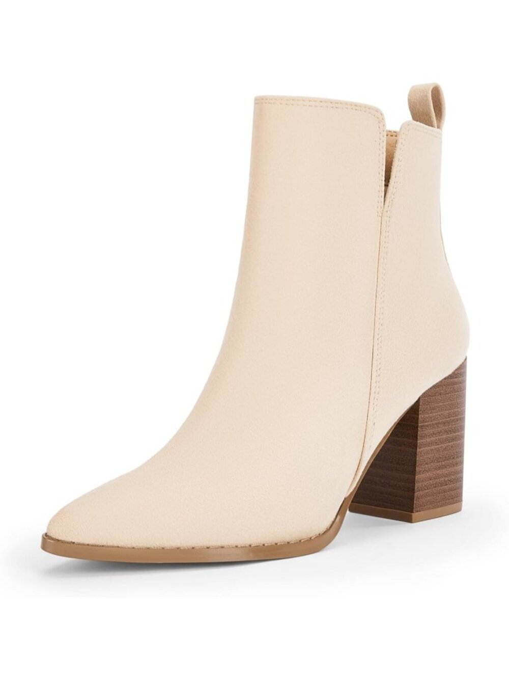 Women's Beige V Cutout Pointed Toe Block Chunky Heel Side Zipper Ankle Boots